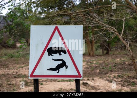 Nahaufnahme eines Warnzeichens, das die Menschen warnt, dass Nilpferde und Krokodile in der Gegend sind. Stockfoto