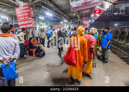 VARANASI, INDIEN - 25. OKTOBER 2016: Kuh und Passagiere am Bahnhof Varanasi Junction, Indien Stockfoto