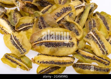 Getrocknete Kiwi-Fruchtscheiben. Perfekt als Snack, zusätzlich zu Eis und anderen Desserts. Stockfoto