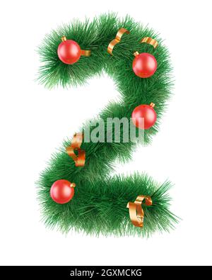 Weihnachtskranz in der Form der Nummer zwei mit Bändern und Kugeln auf weißem Hintergrund. 3d-Rendering. Stockfoto