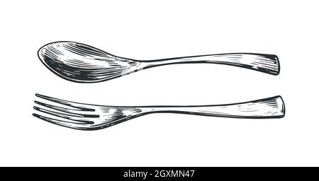 Gabel Löffel Tisch Einstellung Lebensmittel. Design-Element für Restaurant- oder Café-Menü. Handgezeichnete Skizze Vintage Vektor Illustration Stock Vektor