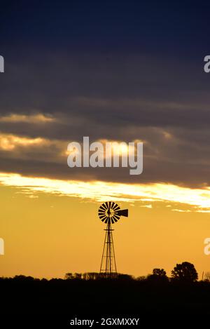 Windmühle bei Sonnenuntergang in der argentinischen Landschaft, Provinz Pampas, Patagonien, Argentinien. Stockfoto