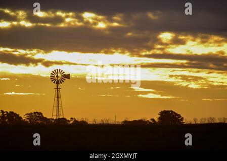 Windmühle bei Sonnenuntergang in der argentinischen Landschaft, Provinz Pampas, Patagonien, Argentinien. Stockfoto