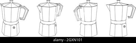 Vektor Umriss Illustration von Moka-Kaffeekocher verschiedenen perspektivischen Ansichten Stock Vektor