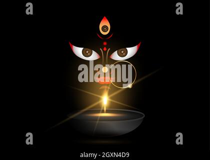 Happy Navratri, Göttin Durga Gesicht in Happy Durga Puja Subh Navratri indische religiöse Header Banner Hintergrund. Licht Öllampe diya. Vector-Logo Stock Vektor