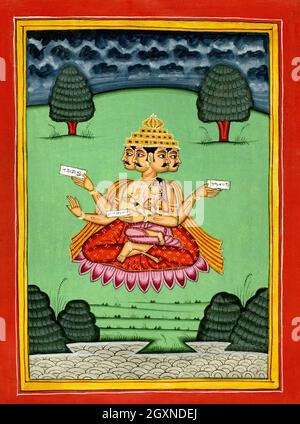 Die Gottheit Brahma saß mit seiner Gemahlin auf seinem Schoß Stockfoto
