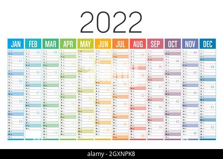 Jahr 2022 farbenfroher Kalender auf weißem Hintergrund. Vektorvorlage. Stock Vektor