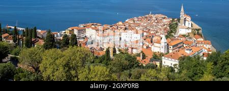 Piran an der Adriaküste, Stadtbild von der Stadtmauer, Piran, Istrien, Slowenien Stockfoto