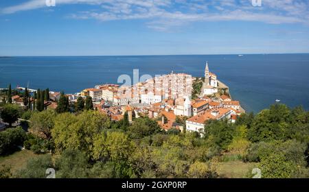 Piran an der Adriaküste, Stadtbild von der Stadtmauer, Piran, Istrien, Slowenien Stockfoto