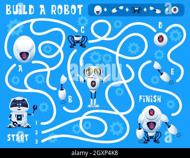 Kinder Spiel bauen ein Roboter Labyrinth mit Cartoon künstliche Intelligenz Bots und Ersatzteile. Vector Bildung Puzzle, finden richtigen Weg Spiel oder Rätsel auf dem Rücken Stock Vektor