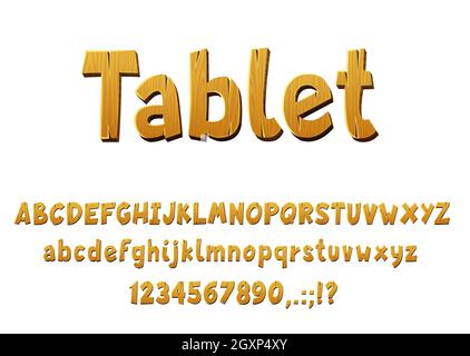 Hölzerner Schriftvektor mit isolierten Eichen- und Kiefernbuchstaben, Ziffern und Symbolen. Hölzerne Alphabet-Schrift, Cartoon-Text von Plankenzeichen und Typografie fett Stock Vektor