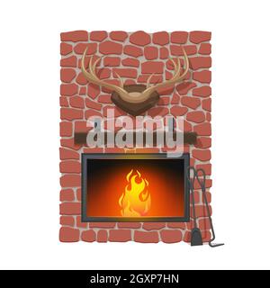 Kamin und Jagdtrophäe. Vektor Cartoon Kamin oder Holz brennenden Herd. Roter Steinkamin, Holzkäfelchen und Hirschgeweih, Schaufel und pok Stock Vektor