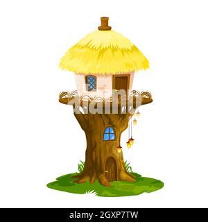 Feenelf oder Gnome House, Vektor-Wohnung von Cartoon Fantasy Magie Wald Baumstumpf mit niedlichen Fenstern und Türen, Schilfdach, Kamin und Blume Lanter Stock Vektor