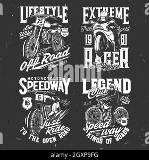 Speedway- und Motocross-T-Shirt-Prints, Radrennen und Vektorembleme für Motorrad-Sport-Clubs. Speedway- oder Retro-Motorräder, Rennsport, Custom Chopper Stock Vektor