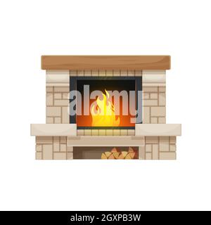 Holz brennenden Kamin oder Herd isoliert Vektor-Symbol. Stein oder Ziegel Haus Kamin oder Herd mit brennendem Feuer, Holzmantel oder Kaminsims und Feuer Stock Vektor