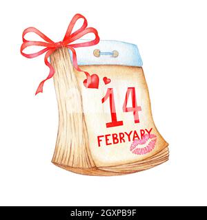 Eine Aquarell-Zeichnung eines Kalenders mit dem Datum Februar 14, verziert mit einem roten Band Schleife, Herzen und einem Kuss. Abreißkalender valentinstag. I Stockfoto