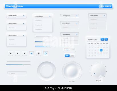 Neumorphische Benutzeroberfläche, Schaltflächen der Benutzeroberfläche, Suchleisten und Schalter. Vector UX Kit für mobile Anwendungen, Web Social Media mit Knopf, Lautstärketasten und Stock Vektor