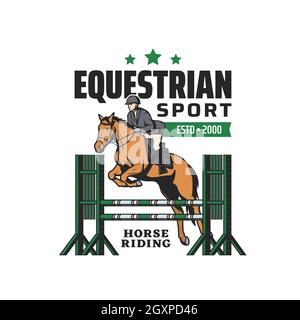 Reiten, Pferdesport und Hindernislauf Rennen Turnier, Vektor-Emblem. Clubabzeichen für Pferde- und Pferdeausritte mit Polo oder Jockey auf dem Hippodrom, Stock Vektor
