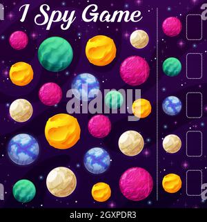 Kinder Spiel mit Weltraumplaneten. Kind Ich spioniere spielende Aktivität, Kinder pädagogisches Puzzle mit Rechenaufgabe. Kinder Spiel, Zählen Rätsel mit ca. Stock Vektor