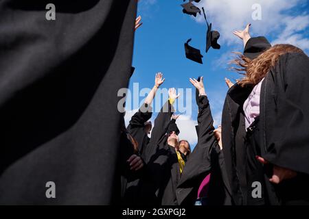 Herzlichen Glückwunsch! Low-Angle-Ansicht der glücklichen Gruppe von sechs jungen fröhlichen Absolventen in schwarzen Kleidern, werfen ihren Kopf tragen in der Luft und feiern, Stockfoto