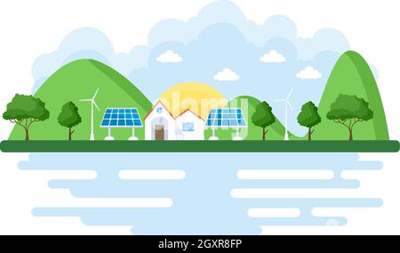 Ökologische Nachhaltige Energieversorgung Hintergrund Vektor Flache Illustration Kraftwerk Gebäude Mit Solarmodulen, Gas, Geothermie, Erneuerbare, Stock Vektor