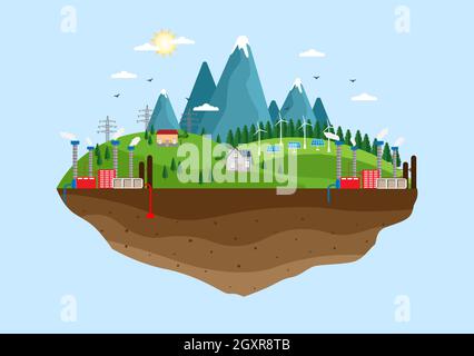 Ökologische Nachhaltige Energieversorgung Hintergrund Vektor Flache Illustration Kraftwerk Gebäude Mit Solarmodulen, Gas, Geothermie, Erneuerbare, Stock Vektor