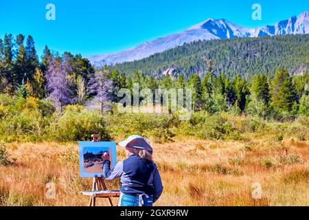 Malerin Künstlerin außerhalb Wüste Malerei Szene der Berglandschaft Stockfoto