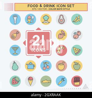 Icon Set Essen & Trinken - zweifarbiger Stil - einfache Illustration, editierbarer Strich, Design Template Vektor, gut für Drucke, Poster, Werbung, annou Stock Vektor