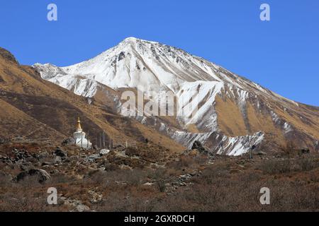 Mount Tserko Ri und kleinen Stupa. Feder Szene im Langtang Tal. Stockfoto