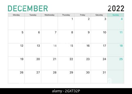 2022 Dezember Illustration Vektor Schreibtisch Kalenderwochen beginnen am Montag in hellgrün und weiß Thema Stock Vektor
