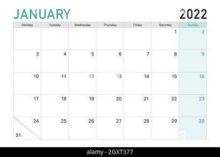 2022 Januar Illustration Vektor Schreibtisch Kalenderwochen beginnen am Montag in hellgrün und weiß Thema Stock Vektor