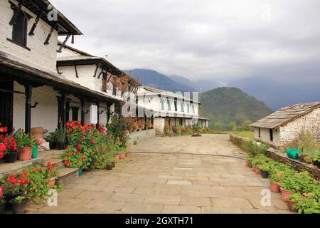 Zeile der alten Häuser in Ghandruk, Dorf in der Nähe von Pokhara, Nepal. Stockfoto