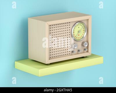 Retro-Radio aus Holz im Regal Stockfoto