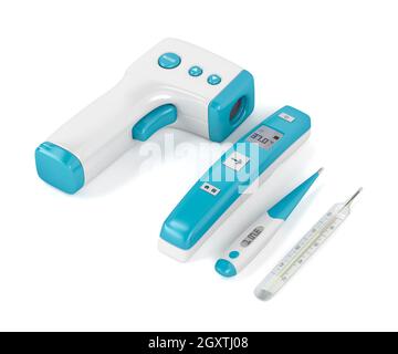 Vier verschiedene Typen von medizinischen Thermometern auf weißem Hintergrund Stockfoto
