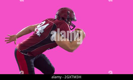 American Football Player läuft mit dem Ball isoliert auf einem bunten Hintergrund Stockfoto