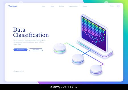 Datenklassifizierung isometrische Landing Page, System der elektronischen Datenbank für das Unternehmensgeschäft. Monitor mit bunten Punkten und Dateien oder Ordner durch relevante Kategorien getrennt, 3D Vector Web-Banner Stock Vektor