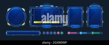 Space Stream Overlay, Spiel zucken ui-Rahmen. Streamingbildschirm, Nutzernamen-Panels, Menü und Schaltflächen für Gamer. Vorlage für eSport, Online-Live-Video, digitale Benutzeroberfläche Glow Ränder, Cartoon-Vektor-Set Stock Vektor