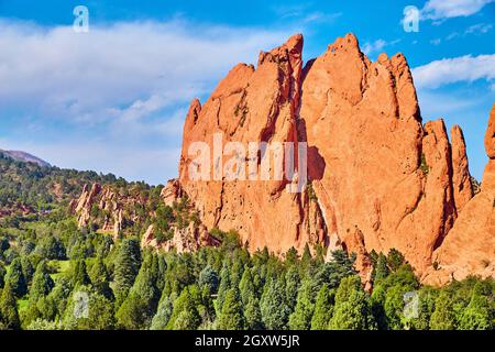 Großer roter Felsberg im Wald von Bäumen Stockfoto