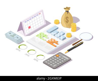 Finanzverwaltung Konzept Vektor isometrische Illustration. Finanzmanagement, Buchhaltung, Finanzbericht, Audit. Stock Vektor