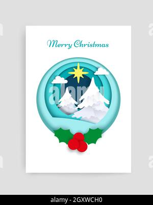 Frohe Weihnachten Karte Vektor Design Vorlage. Papier geschnitten Handwerk Stil weißen schneebedeckten Weihnachtsbäume, Stechbeeren im Kreis. Stock Vektor