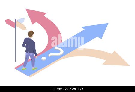 Geschäftsmann Wahl Pfad stehen an der Kreuzung, Vektor isometrische Illustration. Entscheidungsfindung, Geschäftsstrategie. Stock Vektor