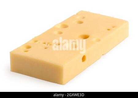 Großer Block emmentaler Käse isoliert auf weiß. Stockfoto