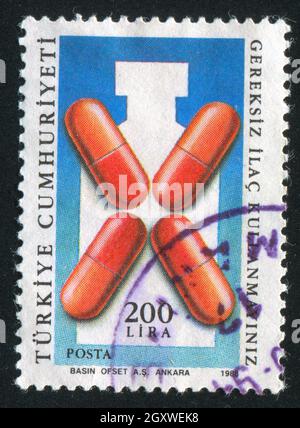 TÜRKEI- UM 1988: Briefmarke gedruckt von der Türkei, zeigt Kampf gegen Drogenmissbrauch, um 1988 Stockfoto