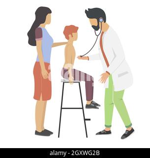 Arzt Kinderarzt untersucht Jungen mit Stethoskop. Kinderuntersuchung, Arztberatung in der Klinik, Vektordarstellung. Stock Vektor