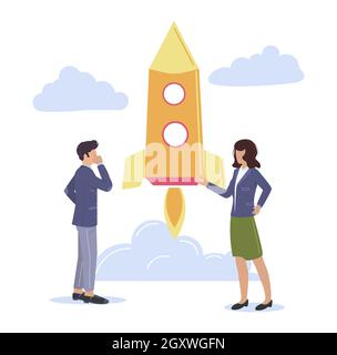 Geschäftsleute, die ein fliegendes Raumschiff betrachten, Vektorgrafik. Raketenstart im Weltraum, Start eines neuen Geschäftprojekts. Stock Vektor