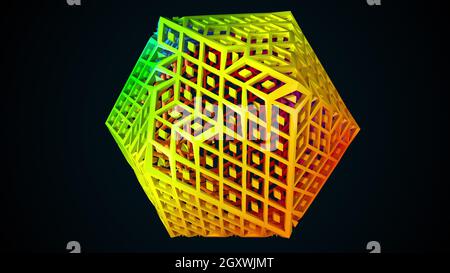 Geometrisches 3d-Rendering-Gitterpolygon mit pyramidenförmigen Elementen mit der Formung der Fläche. Energetischer metatron bildet futuristischen Kristall. Digital Cube i Stockfoto