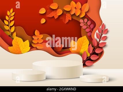Weiße runde Display Podium Mockups, Papier geschnitten fallen rot, gelbe Blätter. Herbst floralen Hintergrund für Produktwerbung, Vektor. Stock Vektor
