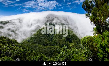 Schöne Landschaft von Berggipfel mit dichtem Nebel und Wolken bedeckt, Teneriffa, Spanien. Stockfoto