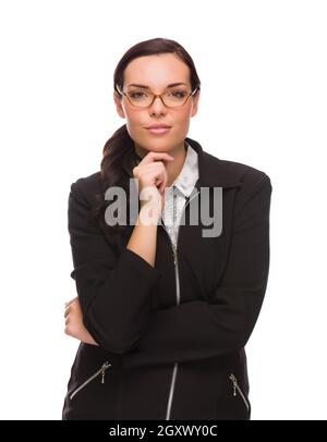 Ernsthafte gemischten Rennen Geschäftsfrau isoliert auf einem weißen Hintergrund. Stockfoto