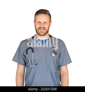 Kaukasische Männliche Krankenschwester isoliert auf Weiss. Stockfoto